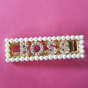 Hair Clip Barrette BOSS Crystal & Pearls Gold Tone